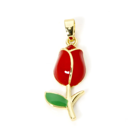 Picture of 2 PCs Brass Charm Pendant 18K Gold Plated Red Tulip Flower Enamel 29mm x 10mm