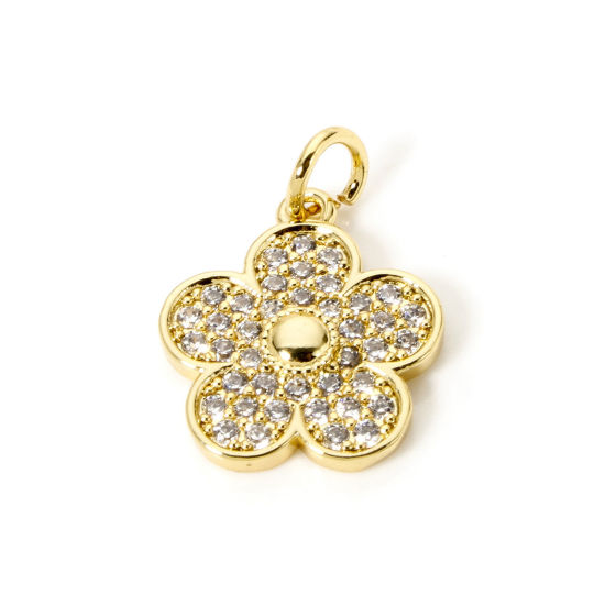 Picture of 2 PCs Brass Charms 18K Gold Plated Flower Micro Pave Clear Cubic Zirconia 19mm x 13.5mm