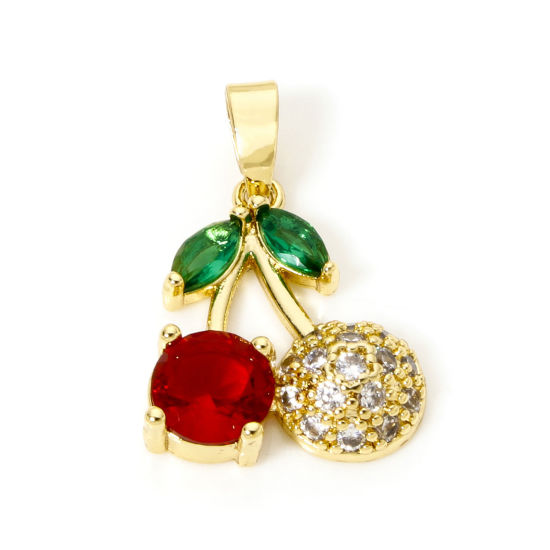 Picture of 2 PCs Brass Charms 18K Real Gold Plated Cherry Fruit Micro Pave Red Rhinestone Clear Cubic Zirconia 21mm x 14mm