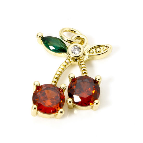 Picture of 2 PCs Brass Charms 18K Real Gold Plated Cherry Fruit Micro Pave Red Rhinestone Clear Cubic Zirconia 22mm x 15mm