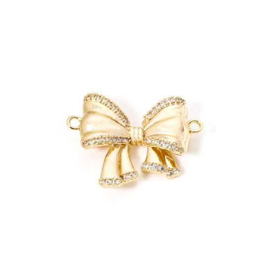 Picture of 1 Piece Eco-friendly Brass Clothes Connectors Charms Pendants Bowknot 18K Real Gold Plated 3D Clear Cubic Zirconia 24mm x 18mm