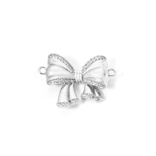 Picture of 1 Piece Eco-friendly Brass Clothes Connectors Charms Pendants Bowknot Real Platinum Plated 3D Clear Cubic Zirconia 24mm x 18mm