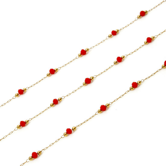 Picture of 1 M Eco-friendly PVD Vacuum Plating 304 Stainless Steel Beaded Chain For Handmade DIY Jewelry Making Findings Silver Tone Red 3mm