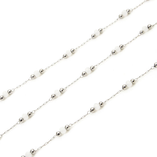 Picture of 1 M 304 Stainless Steel Beaded Chain For Handmade DIY Jewelry Making Findings Silver Tone White 3mm