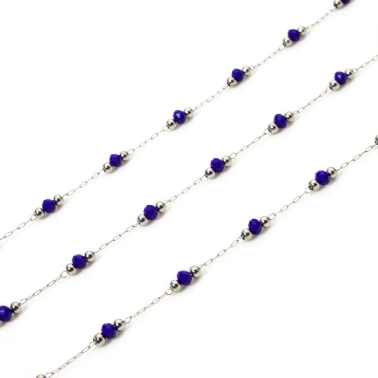 Picture of 1 M 304 Stainless Steel Beaded Chain For Handmade DIY Jewelry Making Findings Silver Tone Dark Blue 3mm