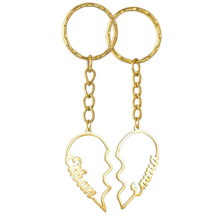 Picture of 1 Piece 304 Stainless Steel Customized Name Keychain Personalized Letter Pendant Broken Heart Gold Plated