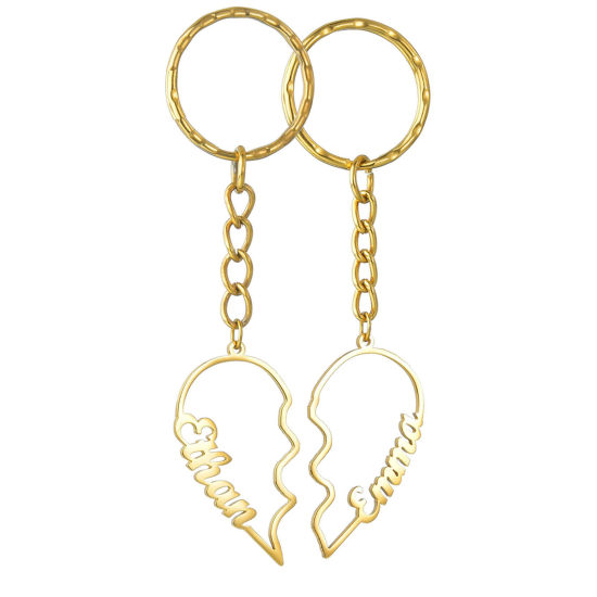 Picture of 1 Piece 304 Stainless Steel Customized Name Keychain Personalized Letter Pendant Broken Heart Gold Plated