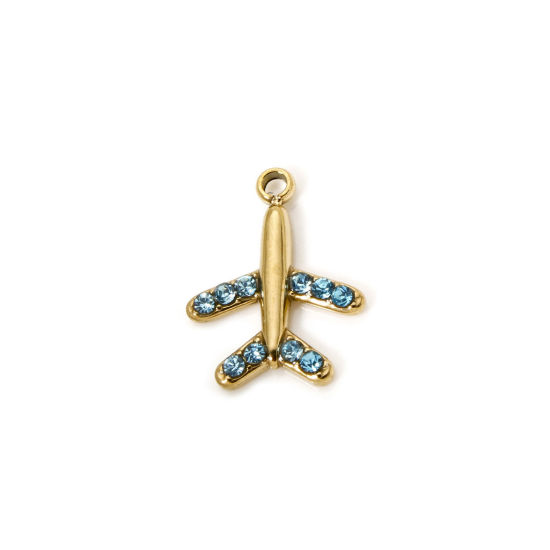 Picture of 1 Piece Eco-friendly PVD Vacuum Plating 304 Stainless Steel Travel Charms 14K Real Gold Plated Airplane Blue Cubic Zirconia 14mm x 11mm