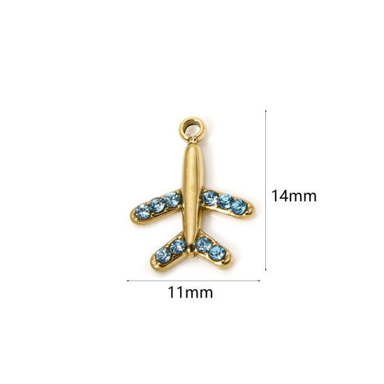 Picture of 1 Piece Eco-friendly PVD Vacuum Plating 304 Stainless Steel Travel Charms 14K Real Gold Plated Airplane Blue Cubic Zirconia 14mm x 11mm