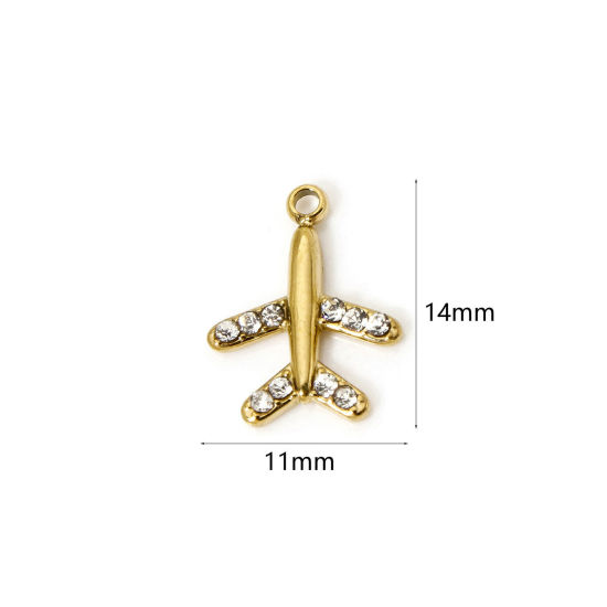 Picture of 1 Piece Eco-friendly PVD Vacuum Plating 304 Stainless Steel Travel Charms 14K Real Gold Plated Airplane Clear Cubic Zirconia 14mm x 11mm