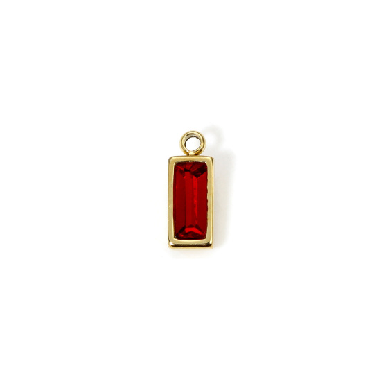 Picture of 1 Piece Eco-friendly PVD Vacuum Plating 304 Stainless Steel January Birthstone Charms 14K Real Gold Plated Rectangle Mini Wine Red Cubic Zirconia 11mm x 4mm