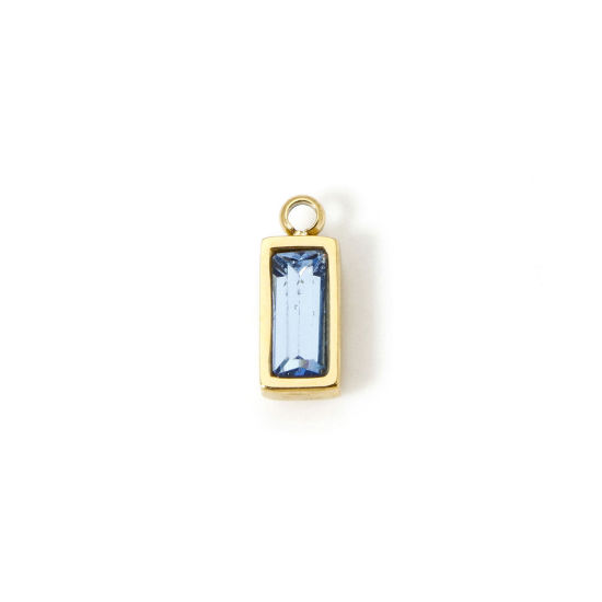 Picture of 1 Piece Eco-friendly PVD Vacuum Plating 304 Stainless Steel March Birthstone Charms 14K Real Gold Plated Rectangle Mini Aqua Blue Cubic Zirconia 11mm x 4mm
