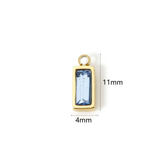 Picture of 1 Piece Eco-friendly PVD Vacuum Plating 304 Stainless Steel March Birthstone Charms 14K Real Gold Plated Rectangle Mini Aqua Blue Cubic Zirconia 11mm x 4mm