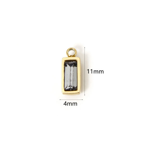Picture of 1 Piece Eco-friendly PVD Vacuum Plating 304 Stainless Steel June Birthstone Charms 14K Real Gold Plated Rectangle Mini Gray Cubic Zirconia 11mm x 4mm