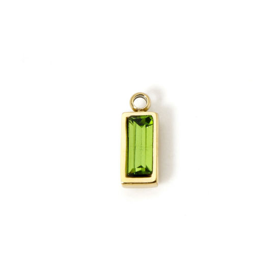 Picture of 1 Piece Eco-friendly PVD Vacuum Plating 304 Stainless Steel August Birthstone Charms 14K Real Gold Plated Rectangle Mini Olive Green Cubic Zirconia 11mm x 4mm