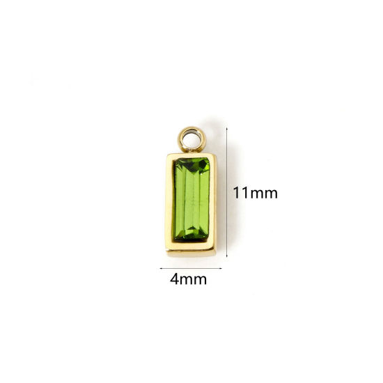Picture of 1 Piece Eco-friendly PVD Vacuum Plating 304 Stainless Steel August Birthstone Charms 14K Real Gold Plated Rectangle Mini Olive Green Cubic Zirconia 11mm x 4mm