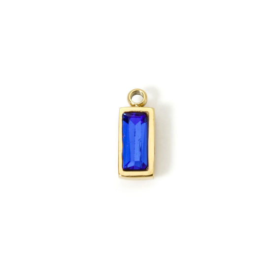 Picture of 1 Piece Eco-friendly PVD Vacuum Plating 304 Stainless Steel September Birthstone Charms 14K Real Gold Plated Rectangle Mini Royal Blue Cubic Zirconia 11mm x 4mm