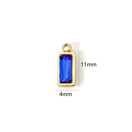 Picture of 1 Piece Eco-friendly PVD Vacuum Plating 304 Stainless Steel September Birthstone Charms 14K Real Gold Plated Rectangle Mini Royal Blue Cubic Zirconia 11mm x 4mm