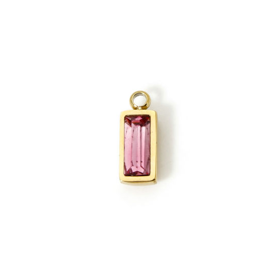 Picture of 1 Piece Eco-friendly PVD Vacuum Plating 304 Stainless Steel October Birthstone Charms 14K Real Gold Plated Rectangle Mini Fuchsia Cubic Zirconia 11mm x 4mm