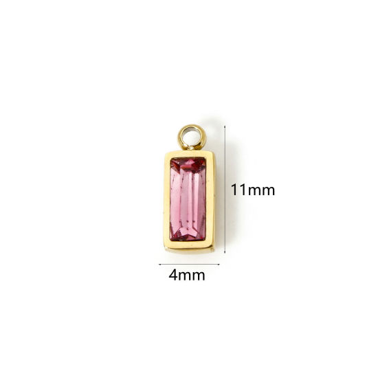 Picture of 1 Piece Eco-friendly PVD Vacuum Plating 304 Stainless Steel October Birthstone Charms 14K Real Gold Plated Rectangle Mini Fuchsia Cubic Zirconia 11mm x 4mm