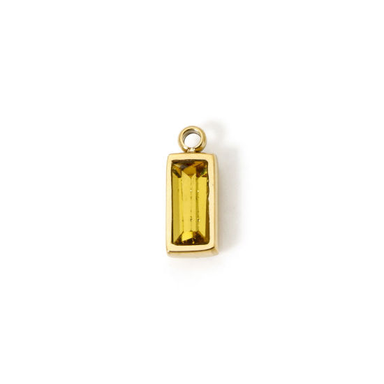 Picture of 1 Piece Eco-friendly PVD Vacuum Plating 304 Stainless Steel November Birthstone Charms 14K Real Gold Plated Rectangle Mini Yellow Cubic Zirconia 11mm x 4mm