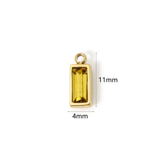 Picture of 1 Piece Eco-friendly PVD Vacuum Plating 304 Stainless Steel November Birthstone Charms 14K Real Gold Plated Rectangle Mini Yellow Cubic Zirconia 11mm x 4mm