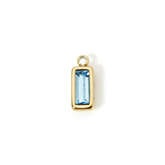 Picture of 1 Piece Eco-friendly PVD Vacuum Plating 304 Stainless Steel December Birthstone Charms 14K Real Gold Plated Rectangle Mini Light Blue Cubic Zirconia 11mm x 4mm