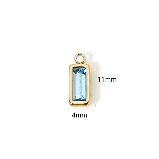Picture of 1 Piece Eco-friendly PVD Vacuum Plating 304 Stainless Steel December Birthstone Charms 14K Real Gold Plated Rectangle Mini Light Blue Cubic Zirconia 11mm x 4mm