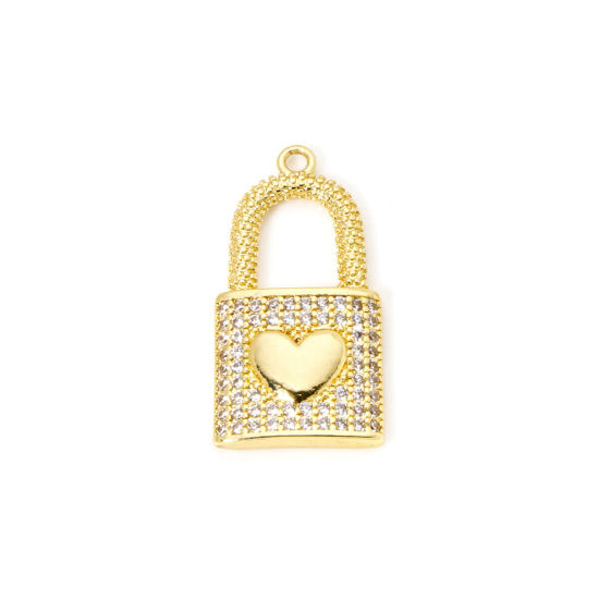 Immagine di 1 Pz Ecologico Ottone San Valentino Ciondoli Serratura 18K Vero Oro Placcato Cuore Micro Spianare Trasparente Cubic Zirconiae 29mm x 14.5mm