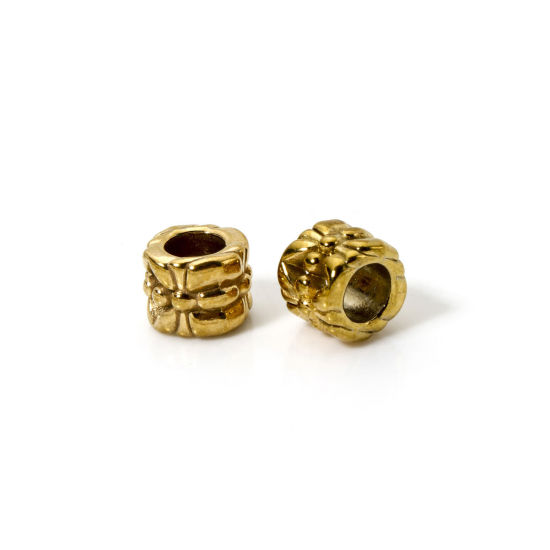 Immagine di 5 Pz Placcatura Sottovuoto Ecologica 304 Acciaio Inossidabile Perline per la Creazione di Gioielli con Fai-da-te 18K Vero Oro Placcato Cilindrico Intagliato 7.5mm x 6mm, Buco: Circa 3.8mm