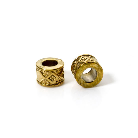 Immagine di 5 Pz Placcatura Sottovuoto Ecologica 304 Acciaio Inossidabile Perline per la Creazione di Gioielli con Fai-da-te 18K Vero Oro Placcato Cilindrico Polka Dot 8mm x 5.5mm, Buco: Circa 3.8mm