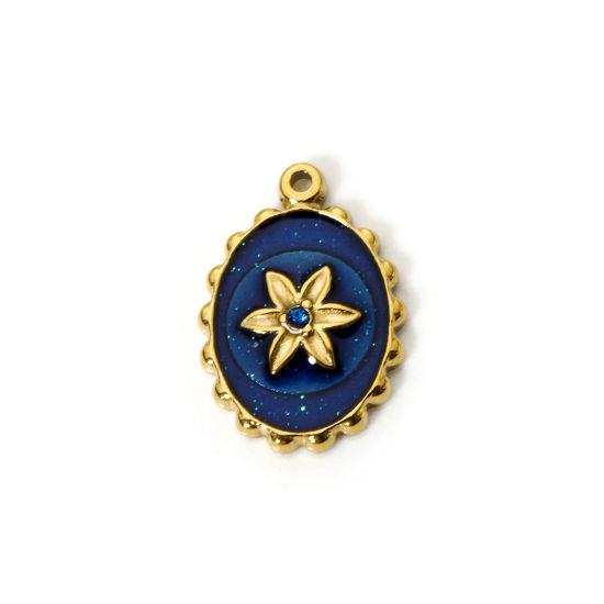 Image de 1 Pièce Breloques en 304 Acier Inoxydable Revêtement sous Vide PVD Respectueux de l'Environnement Collection Végétale Ovale Plaqué Or Véritable 14K Bleu Foncé Fleurs Émail à Strass Transparent 21mm x 15mm
