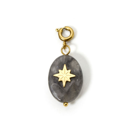 Imagen de 1 Unidad Recubrimiento al Vacío PVD Ecológico 304 Acero Inoxidable & Gema Clip en Charms Para Vintage Charm Pulseras Óvalo 18K Oro Real Chapado Gris Estrella Con Cierre De Resorte 3cm x 1.3cm