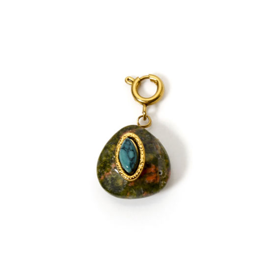 Imagen de 1 Unidad Recubrimiento al Vacío PVD Ecológico 304 Acero Inoxidable & Gema Clip en Charms Para Vintage Charm Pulseras Gota 18K Oro Real Chapado Verde Azul Con Cierre De Resorte 25mm x 13mm