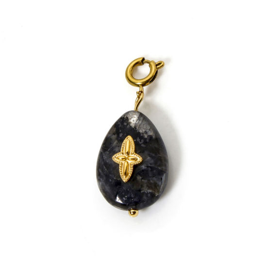 Imagen de 1 Unidad Recubrimiento al Vacío PVD Ecológico 304 Acero Inoxidable & Gema Clip en Charms Para Vintage Charm Pulseras Gota 18K Oro Real Chapado Negro Flor Con Cierre De Resorte 3cm x 1.3cm