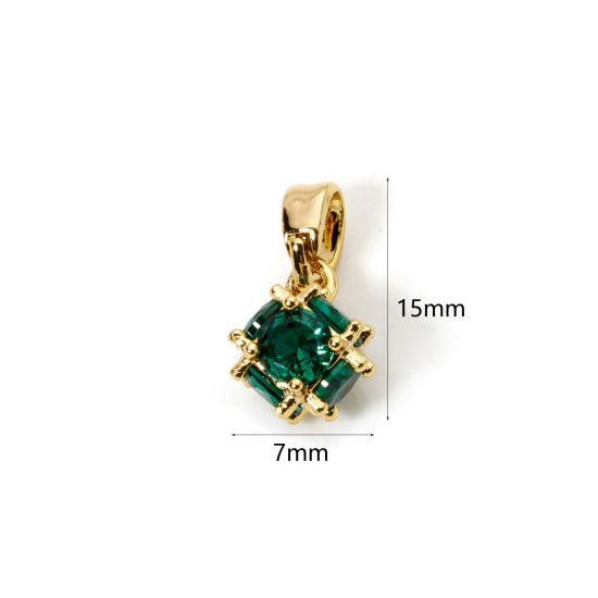 Image de 2 Pcs en Laiton Plaqué Or Véritable 18K Cube à Zircone Cubique Vert 15mm x 7mm