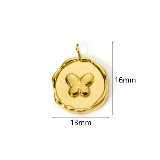 Imagen de 2 Unidades Recubrimiento al Vacío PVD Ecológico 304 Acero Inoxidable Insecto Colgantes Ronda 18K Oro Real Chapado Mariposa 16mm x 13mm