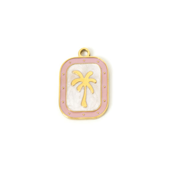 Image de 2 Pcs Breloques en 304 Acier Inoxydable Revêtement sous Vide PVD Respectueux de l'Environnement Collection Végétale Rectangle Plaqué Or Véritable 18K Rose Cocotier Émail 20mm x 13mm