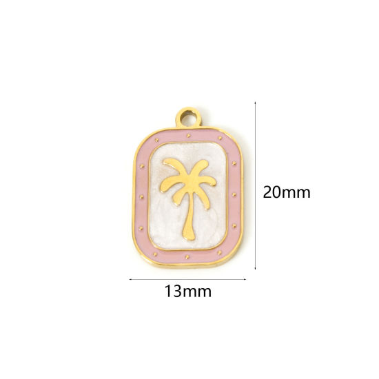 Image de 2 Pcs Breloques en 304 Acier Inoxydable Revêtement sous Vide PVD Respectueux de l'Environnement Collection Végétale Rectangle Plaqué Or Véritable 18K Rose Cocotier Émail 20mm x 13mm