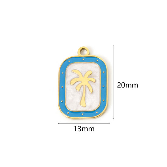 Image de 2 Pcs Breloques en 304 Acier Inoxydable Revêtement sous Vide PVD Respectueux de l'Environnement Collection Végétale Rectangle Plaqué Or Véritable 18K Bleu Cocotier Émail 20mm x 13mm