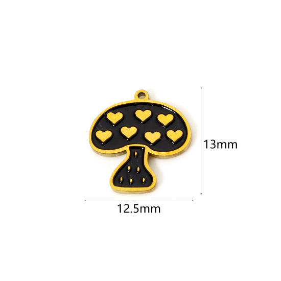 Imagen de 2 Unidades Recubrimiento al Vacío PVD Ecológico 304 Acero Inoxidable Colgantes Seta 18K Oro Real Chapado Negro Esmalte 13mm x 12.5mm