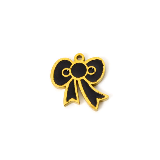 Imagen de 2 Unidades Recubrimiento al Vacío PVD Ecológico 304 Acero Inoxidable Colgantes Bowknot 18K Oro Real Chapado Negro Esmalte 13mm x 12mm