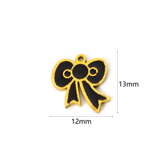 Imagen de 2 Unidades Recubrimiento al Vacío PVD Ecológico 304 Acero Inoxidable Colgantes Bowknot 18K Oro Real Chapado Negro Esmalte 13mm x 12mm
