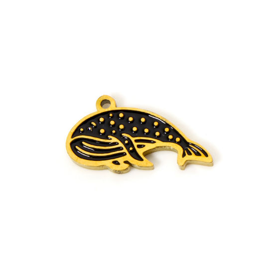 Imagen de 2 Unidades Recubrimiento al Vacío PVD Ecológico 304 Acero Inoxidable Colgantes Ballena 18K Oro Real Chapado Negro Esmalte 17mm x 9mm