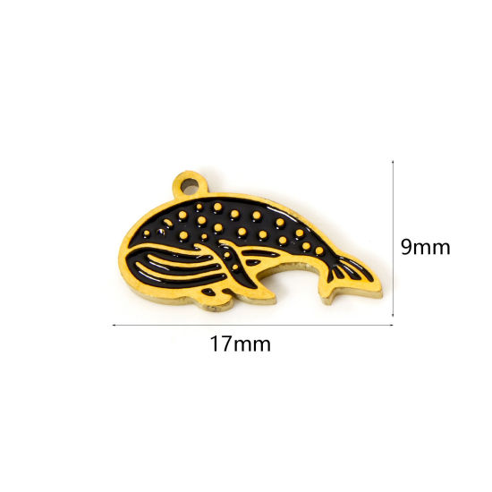Imagen de 2 Unidades Recubrimiento al Vacío PVD Ecológico 304 Acero Inoxidable Colgantes Ballena 18K Oro Real Chapado Negro Esmalte 17mm x 9mm