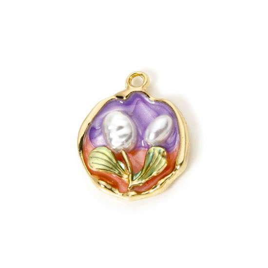Bild von 5 Stück Zinklegierung Ölgemälde Stil Charms Vergoldet Lila & Orange Unregelmäßig Blumen Emaille 24mm x 19mm