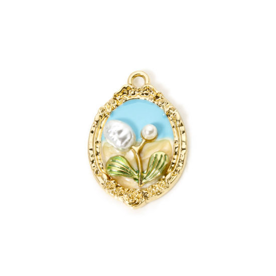 Bild von 5 Stück Zinklegierung Ölgemälde Stil Charms Vergoldet Gelb & Blau Oval Blumen Emaille 3.1cm x 2.1cm
