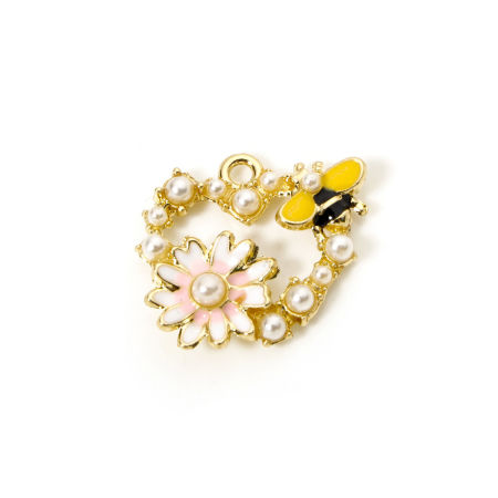 Bild von 5 Stück Zinklegierung Insekt Charms Vergoldet Rosa Herz Biene Emaille 21mm x 19mm
