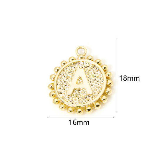 Image de 2 Pcs Breloques en Laiton Rond Plaqué Or 18K Alphabet Initial/ Lettre Majuscule Mots" A " Double Face 18mm x 16mm