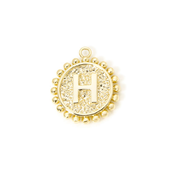 Image de 2 Pcs Breloques en Laiton Rond Plaqué Or 18K Alphabet Initial/ Lettre Majuscule Mots" H " Double Face 18mm x 16mm